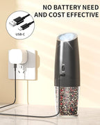CIRCLE JOY Rechargeable Electric Salt and Pepper Grinder Set Gravity Salt and Pepper Mills Set with LED Light, No Battery Needed, Adjustable Coarseness, Washable 135ml Container, Black