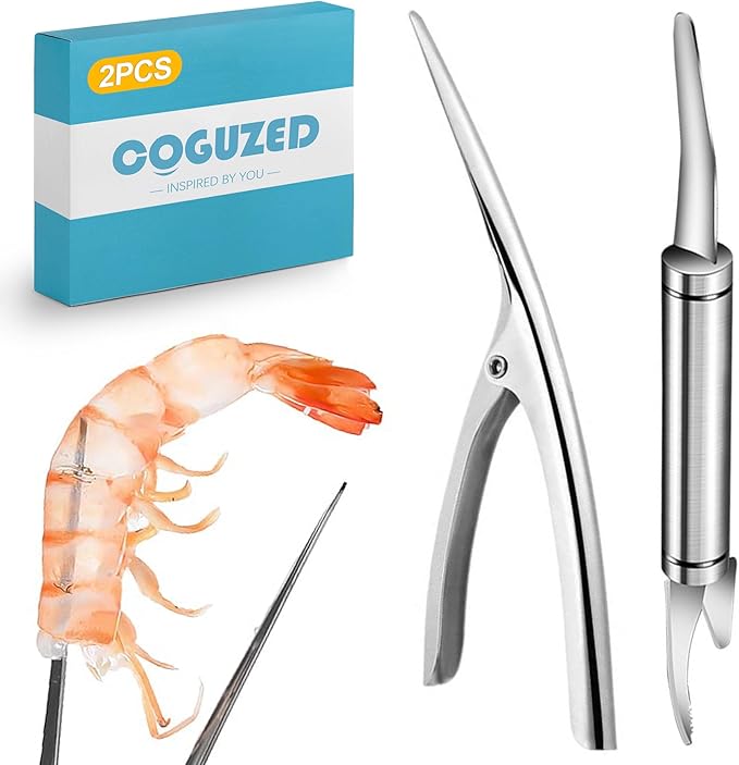 CoguZed 2-Piece Stainless Steel Shrimp Deveiner and Peeler Tool Set, Designed for Efficient Shelling and Cleaning of Seafood