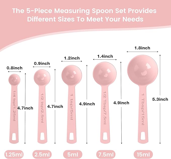 Stainless Steel Measuring Spoons Set of 5, Metal Measuring Cups and Spoons Set for Liquid/Food/Kitchen/Baking (Pink)