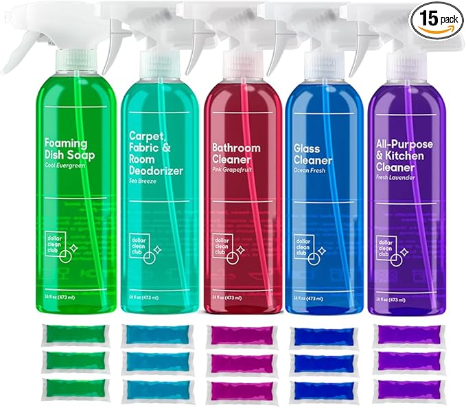 Complete Home Cleaning 15 Pack Kit, Kitchen, Bathroom, Carpet, Dish, and Glass Cleaner Refills