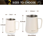 Milk Frothing Pitcher, 350ml/12oz Steaming Pitchers Stainless Steel Milk Coffee Cappuccino Latte Art Barista Steam Pitchers Milk Jug Cup with Decorating Art Pen, Matte White