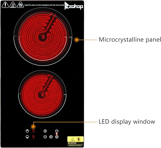 Winado 2 Burners Electric Ceramic Cooktop 20 inch, 220-240V Flat Top Stove, Multi-function Elecric Stovetop w/9 Heating Level, Timer & Kid Safety Lock, Sensor Touch Control, Timer Setting, Plug, 3000W