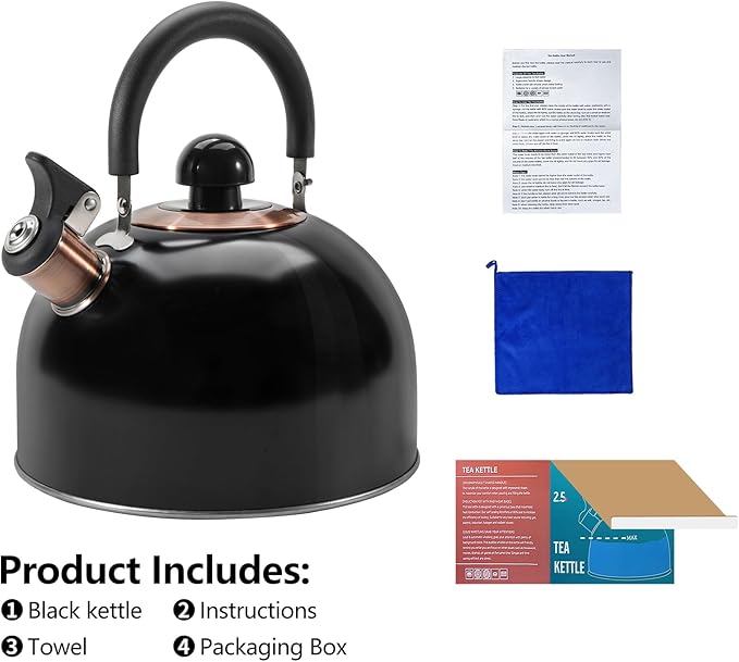 Tea Kettle,Whistling Tea Kettle Stovetop 2.6 Quart, Tea Pots for Stove Top Food Grade Stainless Steel,Wood Pattern Handle(Black),With Anti Scald Towel