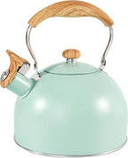 GGC Tea Kettle for Stove Top, 85OZ/2.6QT Whistling Tea Kettles for Boiling Water Milik or Coffee, Green Stainless Steel Tea Pots with Wood Pattern Folding Handle, Thumb Design Control Kettle Outlet