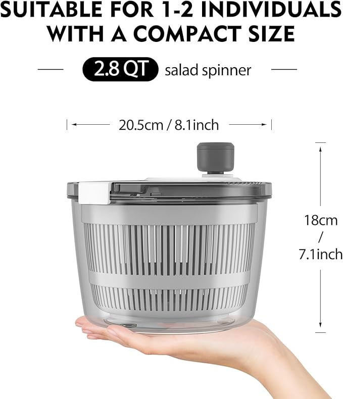 Ourokhome Salad Spinner Lettuce Dryer, Hand-crank Rotary Vegetable Dryer Veggie Washer with Transparent Bowl and Colander for Greens, Herb, Berry, Fruits, Macaroni, 2.8 QT, White