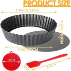 2 Pack 9.5 Inch Tart Pan Pie Pan, Heavy Duty Deep Quiche Pan with Removable Bottom, Nonstick Carbon Steel Deep-dish Round Pie Plate Tin with Oil & Dish Brush