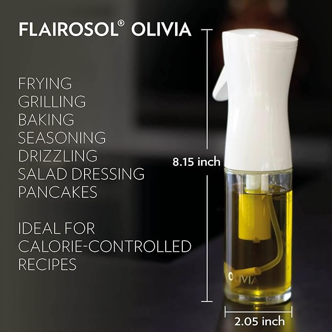 FLAIROSOL OLIVIA SIGNATURE Advanced Kitchen Oil Sprayer Technology, Fine Mist & Portion Control, Refillable Glass Olive Oil Cooking Spray Bottle for Air Fryer, Salad, BBQ, 130ml (Golden Leaves)