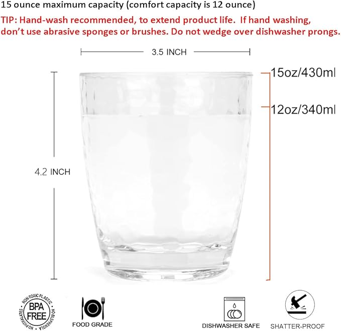 KOXIN-KARLU Hammered 15-ounce and 26-ounce Plastic Tumbler Acrylic Glasses, set of 8 Clear