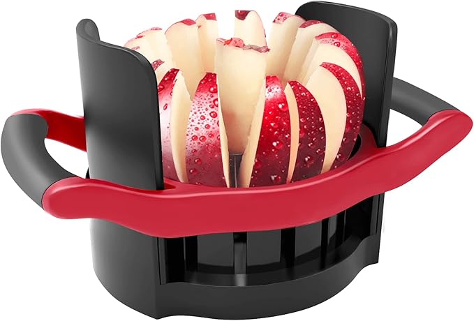 OOKUU Apple Slicer and Corer, [Large Size] 16-Blade Heavy Duty Apple Cutter with Base, [Upgraded] Cut Apples All The Way Through, Stainless Steel Ultra-Sharp Blade, Fruit & Vegetable Divider, Red