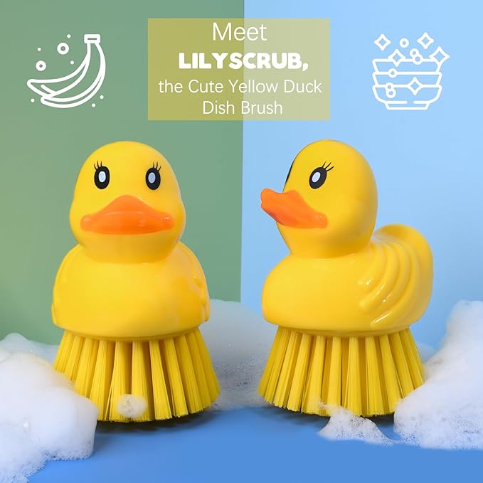 GTOTd Cute Ducky Washing Dish Brush（2 Pack）Ergonomic Palm Scrubber with Handle for Potato Vegetable Fruit Kitchen Gadgets White Elephant Gifts Accessories Stuff Household Cleaning Dishwashing Supplies