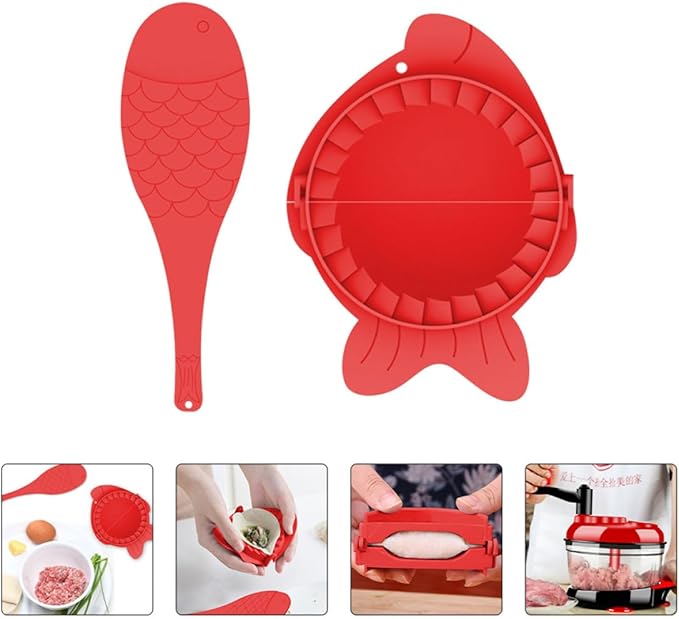 Dumplings Maker Tools Set with 4 Plastic Molds and Spoons Red Dumpling Press for Homemade Wrappers Kitchen Baking Gadgets for Family Cooking