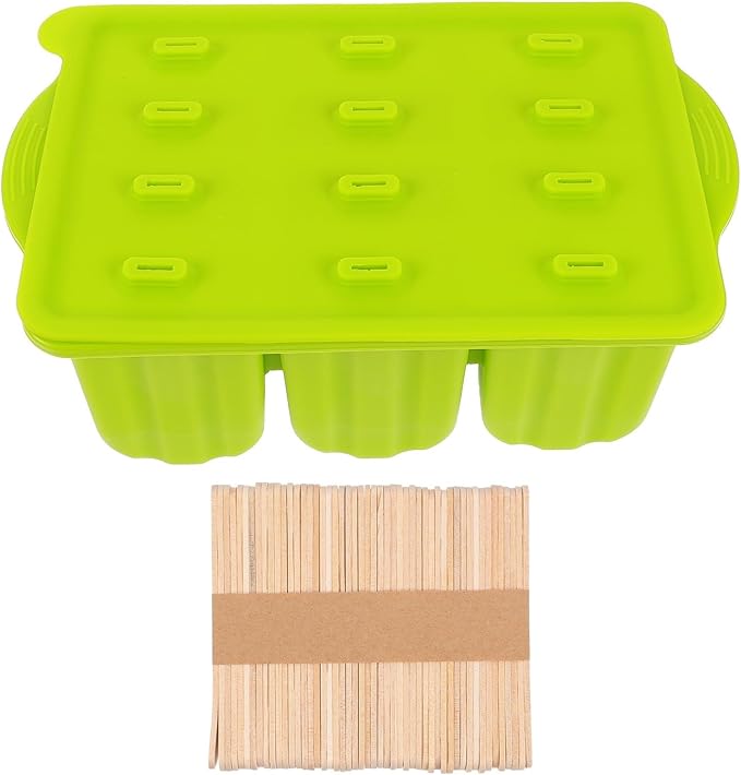 Silicone Ice Lolly Mold 12-grid Ice Treat Maker with Sticks, Flexible Non-stick Ice Cream Making Tool for Homemade Chilled Desserts, Green Color, Kitchen Specialty Gadget