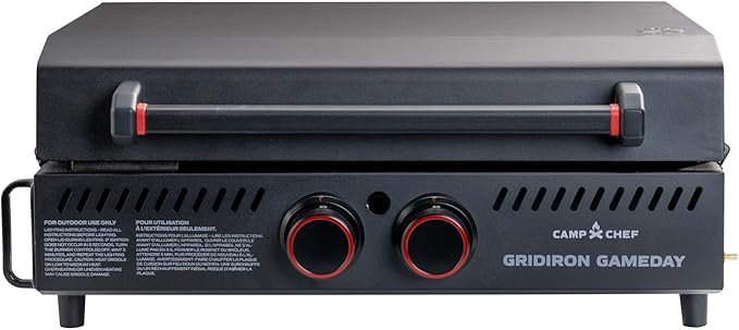 Gridiron Gameday 24" Portable Propane Grill – Flat Top Tabletop Griddle with Hinged Lid, 24,000 BTUs, Flamethrower Ignition, Dual Heat Zones, Adjustable Legs for Tailgating, Camping & Outdoor Cooking