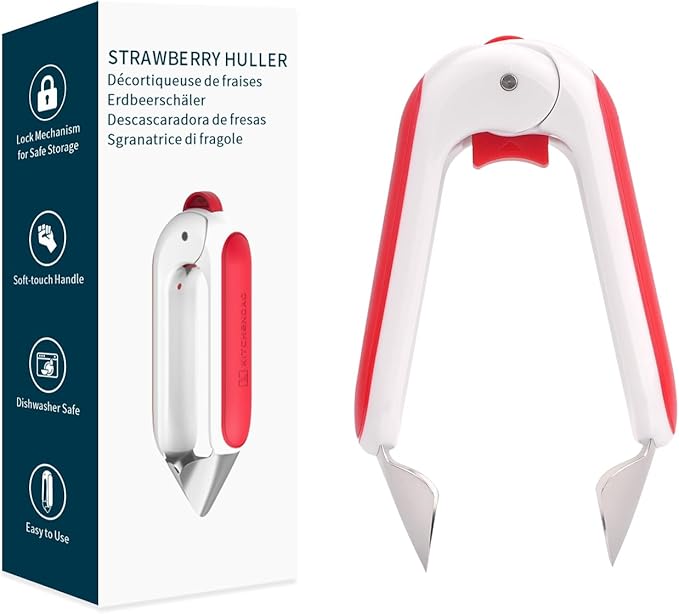 KITCHENDAO Strawberry Huller Corer Stem Remover with Safety Lock, Non-Slip Soft-touch Handle, Sharp Blades, Dishwasher Safe,1 Pack
