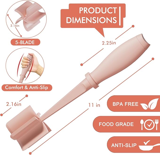 Upgrade Meat Chopper, Heat Resistant Meat Masher for Hamburger Meat, Ground Beef Smasher, Nylon Hamburger Chopper Utensil, Ground Non Stick Mix Chopper Mix Potato Masher Tool (Pink)