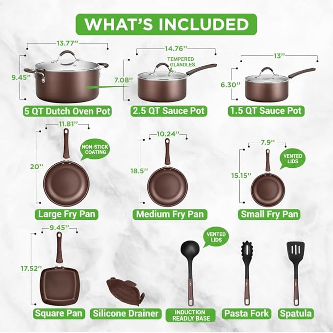 NutriChef 14-Piece Nonstick Brown Cookware Set - Scratch-Resistant Kitchen Pots and Pans with Lids & Utensils, For All Cooktops - NCCW14SBR