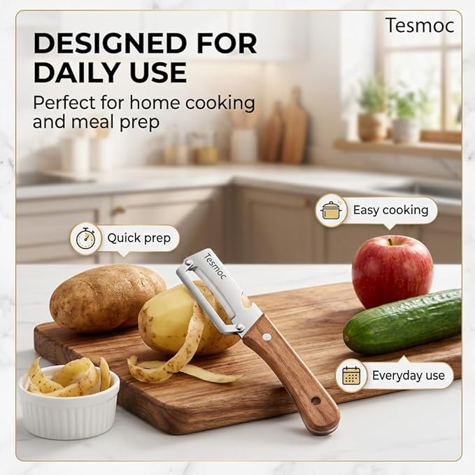 Multifunctional Fruit and Vegetable Peeler,Premium Stainless Steel Blade,Wooden Handle Hand Tool with Bottle Opener,Julienne Peeler for Potato,Cucumber,Orange,Pineapple,Veggie (1)