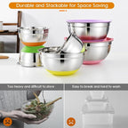 CHAREADA Mixing Bowls with Airtight Lids, 18pcs Stainless Steel Nesting Mixing Bowls Set Non-slip Silicone Bottom, Size 4.5, 3.6, 2.7, 2.1, 1.7, 1.1, 0.7 qt, Fit for Mixing & Serving(Colorful)