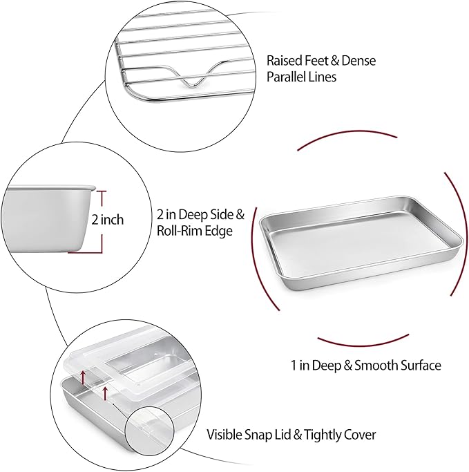TeamFar Toaster Oven Pan, 9.3’’ x 7’’ Stainless Steel Mini Rectangular Cookware Baking Roasting Cake Pan with Cooling Rack and Lid, Healthy & Sturdy, Deep & Visible Lid, Dishwasher Safe – 4 PCS