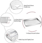 TeamFar Toaster Oven Pan, 9.3’’ x 7’’ Stainless Steel Mini Rectangular Cookware Baking Roasting Cake Pan with Cooling Rack and Lid, Healthy & Sturdy, Deep & Visible Lid, Dishwasher Safe – 4 PCS