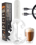 Elementi Milk Frother Rechargeable Drink Mixer Wand - Powerful USB-C Rechargeable Frother & Coffee Mixer Wand - Hand Held Milk Foamer Whisk to Make Perfect Cappuccinos, Lattes & Drink Mixes (White)