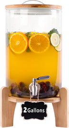 2 Gallon Drink Dispenser, Glass Beverage Dispenser with Wood Stand, Lemonade Dispenser with Airtight Valve and Stainless Steel Spigot Fruit Infuser, Thick Drink Dispenser for Parties Restaurants