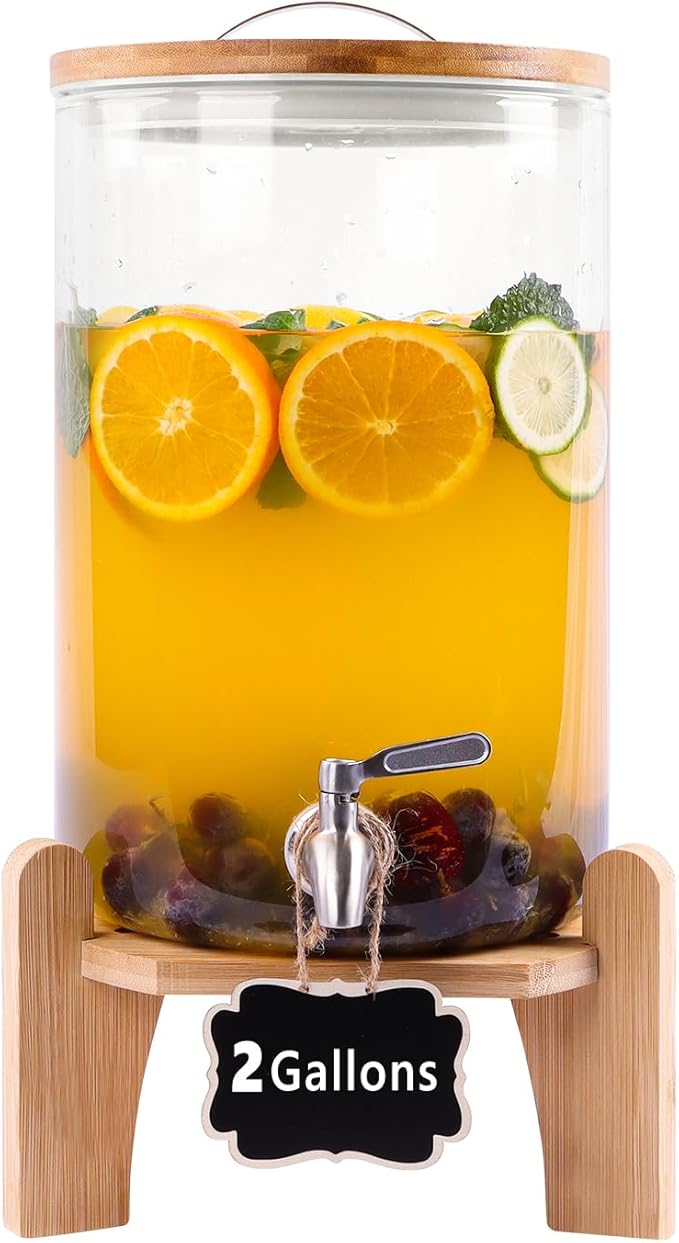 2 Gallon Drink Dispenser, Glass Beverage Dispenser with Wood Stand, Lemonade Dispenser with Airtight Valve and Stainless Steel Spigot Fruit Infuser, Thick Drink Dispenser for Parties Restaurants