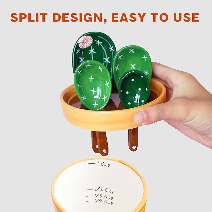 Cactus Measuring Spoons Set in Pot, Cute Ceramic Measuring Spoons and Cups, Kitchen Cacti Spoon with Holder, Baking Measuring Cups Ornaments Gift