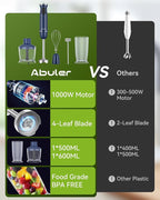 Immersion Blender Handheld 5 in 1 Hand Blender, 1000W Hand Mixer Stick, BPA-Free 12 Speed Handheld Blender 304 Stainless, Beaker, Chopper, Whisk and Milk Frother, Soup, Smoothies, Baby Food, Sauce