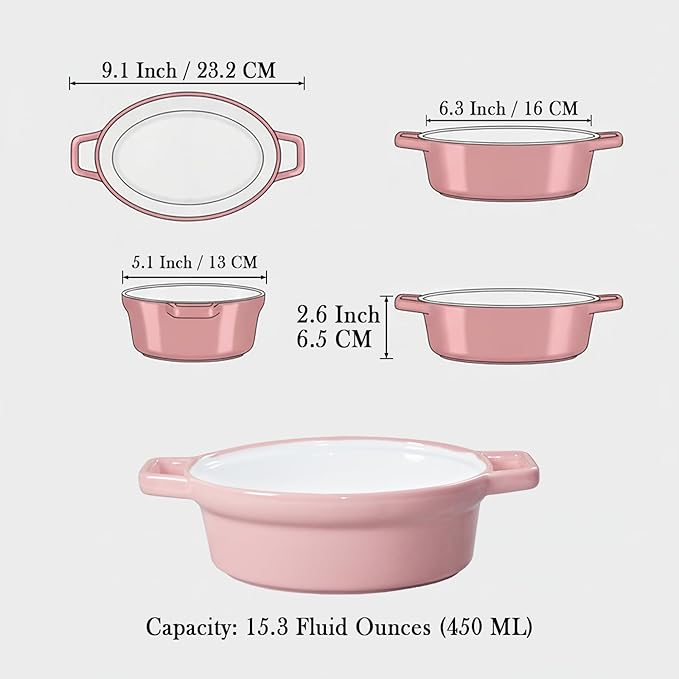 Oval Au Gratin Baking Dishes 6" x 5" for Oven Safe Cooking and Baking, Set of 4, 15 OZ Heat Resistant Ceramic Individual Gratin with Handles for Serving, Small Mini Casserole Dish, Pink