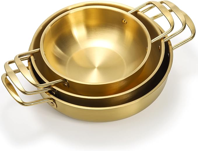 Okllen Set of 3 Korean Ramen Noodle Pot with Handles, Stainless Steel Everyday Pan, Golden Korean Cooking Pot for Soup, Noodle, Pasta, Home and Outdoor, Dishwasher Safe, Size 7", 8.7", 9.5"