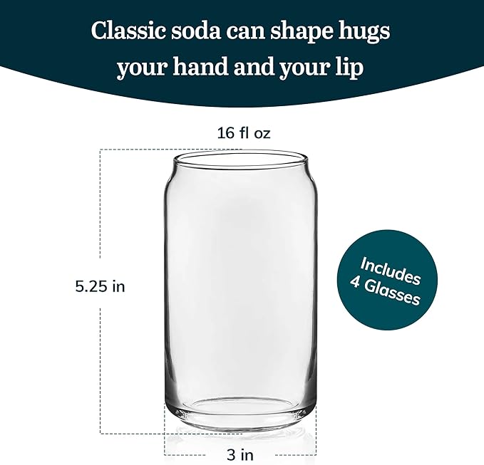 Libbey Classic Can Tumbler Glasses Set of 4, Clear Kitchen Glassware Sets for Beverages and Cocktails, Lead-Free, Cute Drinking Glasses, 16-Ounce