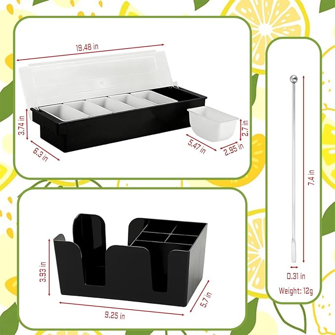 Bartender Tools Include 3 Tier Glassware Rack, Wine Bottle Pourers,Bar Storage Boxes,6-Compartment Chilled Condiment Containers,Plastic Juice Pourers,Serving Tongs,Straws and Cocktail Stirrers