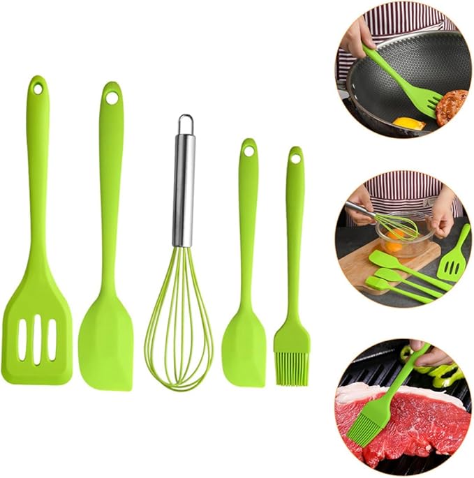 VICASKY 5pcs Silicone Kitchen Utensil Set with Spatula, Whisk, and Scraper, Heat Resistant Nonstick Cooking Gadgets for Baking and Food Preparation, Green