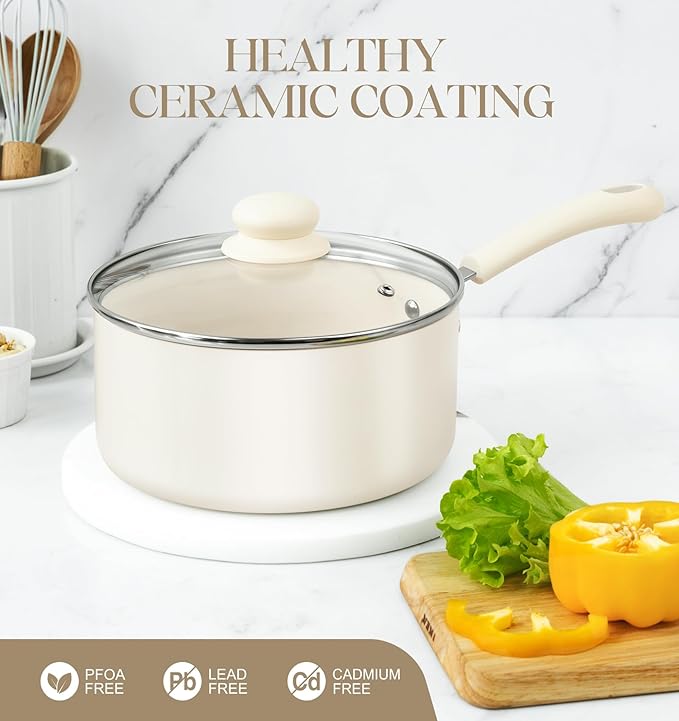 MICHELANGELO Nonstick Saucepan with Lid, Ceramic Sauce Pan Sets, Easy to Clean Sauce Pans, Multi-Purpose Cooking Pots, 1QT & 2QT & 3QT, White