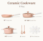 CAROTE Pots and Pans Set Nonstick, Ceramic Cookware Set, Pink Cooking Set Kitchen Induction Set with Steamer, PFAS PTFE Free,9 Piece