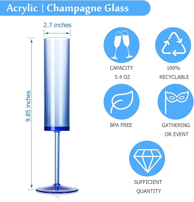 24 PCS Sapphire Blue Plastic Champagne Flutes 5.4 OZ Clear Acrylic Champagne Flutes Sparkling Wine GlassesLong Stem Crystal Champagne Glasses For Wedding Baby Shower Anniversary Birthday