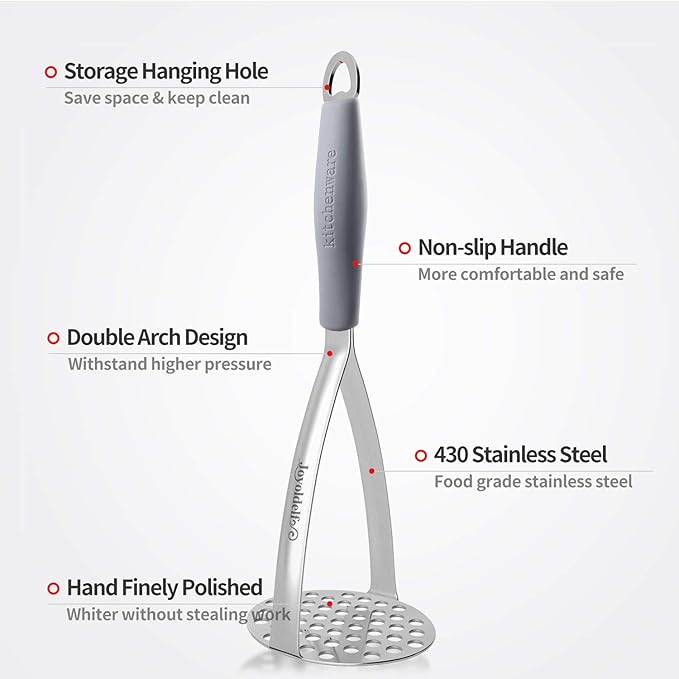 Joyoldelf Heavy Duty Stainless Steel Potato Masher, Professional Integrated Masher Kitchen Tool & Food Masher/Potato Smasher with Silicone Handle, Perfect for Bean, Vegetable, Fruits, Avocado, Meat