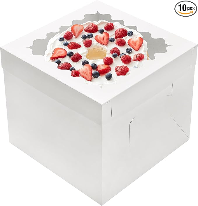 10pcs Cake Boxes 12 Inch, 12x12x8in White Bakery Boxes with Window,10in 12in Tall Cake Boxes, Large Baking Boxes,Disposable Cake Containers with Lids