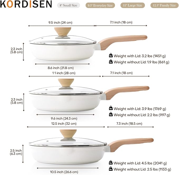 Kordisen Ceramic Nonstick Frying Pan Skillet Set with Lid, 3 Piece Ceramic Pans for Cooking Non Toxic, Healthy Induction Cookware, Stay-Cool Handle, PFOA & PFAS Free (9.5 Inch, 11 Inch, 12.5 Inch)