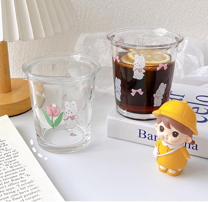 Set of 2 12 OZ French Drinking Glasses Floral Glass Coffee Cup Cute Tulip Rabbit Glass Cups for Iced Tea,Juice,Coffee,Latte,Milk,Dessert,Stackable Glassware Drinkware Set