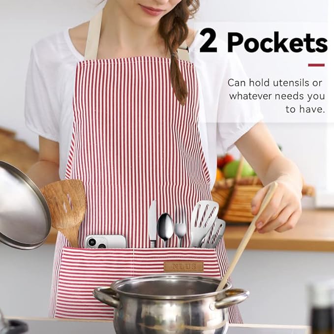 NLUS 2 Pack Kitchen Cooking Aprons, Adjustable Bib Soft Chef Apron with 2 Pockets for Men Women (Black Pinstripes/Pink Pinstripes)