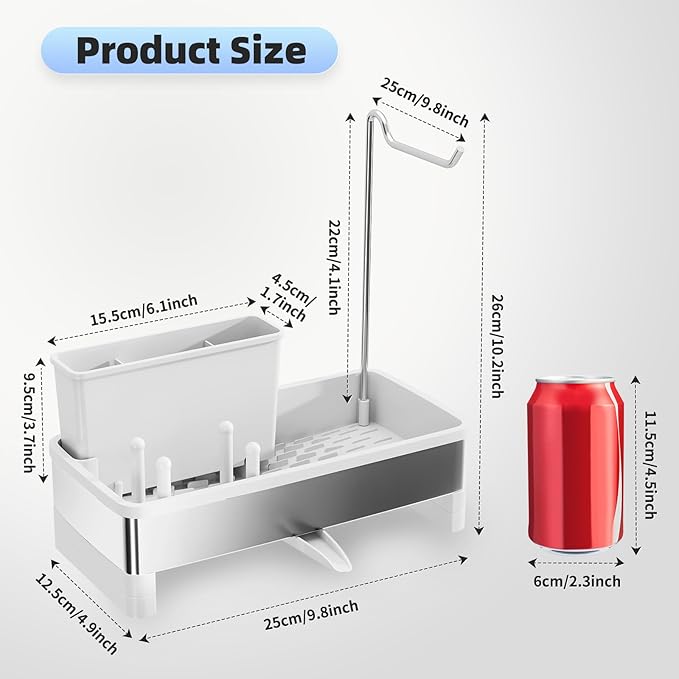 Ewaiira Stainless Steel Sink Caddy, Sponge Holder for Kitchen Sink with Brush Holder & Dishcloth Rack, Rustproof Sink Organizer Countertop, Kitchen Organizers Storage Essentials (E-White 9.8″)