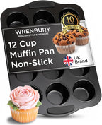 Wrenbury Nonstick Muffin Pan 12 Cup – Deep Cupcake Yorkshire Pudding Tin, PTFE & PFOA Free Carbon Steel, Warp Resistant Baking Tray for Even Bakes