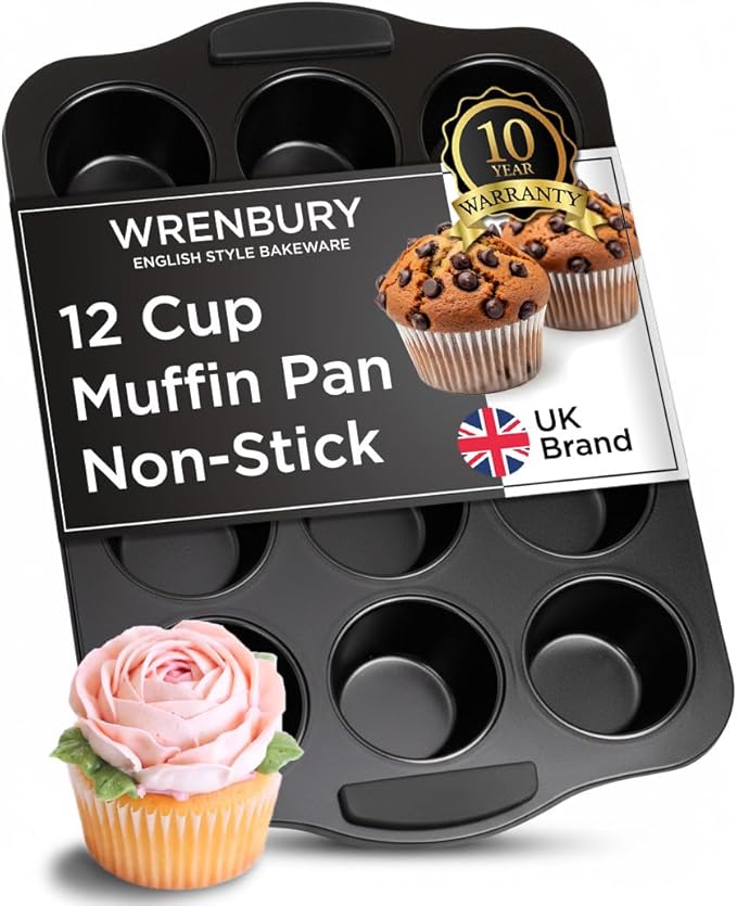 Wrenbury Nonstick Muffin Pan 12 Cup – Deep Cupcake Yorkshire Pudding Tin, PTFE & PFOA Free Carbon Steel, Warp Resistant Baking Tray for Even Bakes