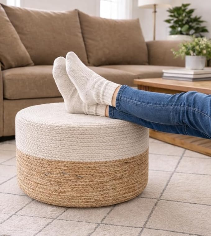 S & L Homes Pouf Ottoman - 100% Jute Braided Footrest Pouf Hand Knitted Traditional Cord Boho Pouffe for Living Room, Bedroom, Nursery, Patio, Lounge Colorblock - Natural Ivory (18”x18”x12”)