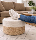 S & L Homes Pouf Ottoman - 100% Jute Braided Footrest Pouf Hand Knitted Traditional Cord Boho Pouffe for Living Room, Bedroom, Nursery, Patio, Lounge Colorblock - Natural Ivory (18”x18”x12”)