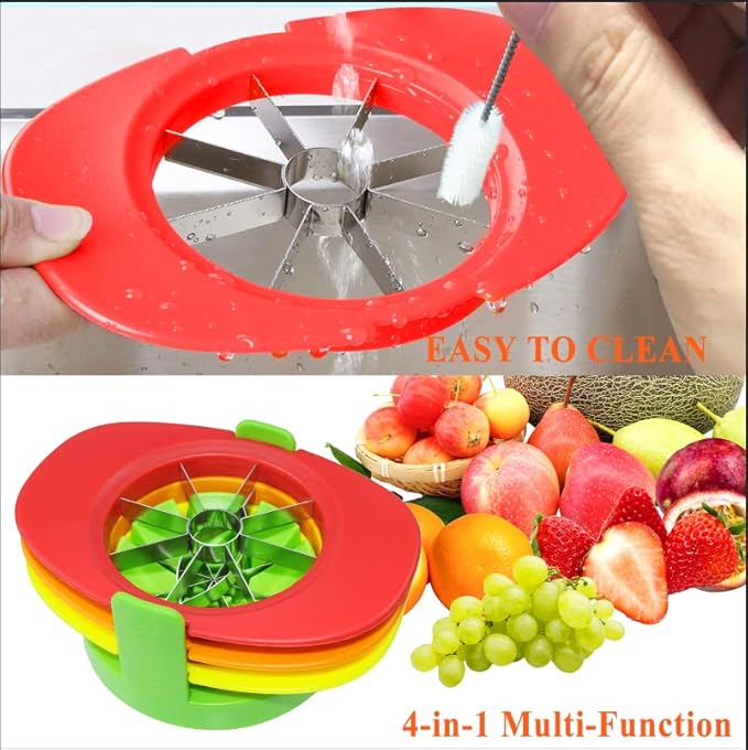 Fruit Cutter Slicer, 4 in 1 Apple Slicer with Vegetable Peeler & Cleaning Brush Mango Cutter Corer Remover Tomato Wedges Stainless Steel Heavy Duty Fruit & Vegetable Cutter Easy Kitchen Tool