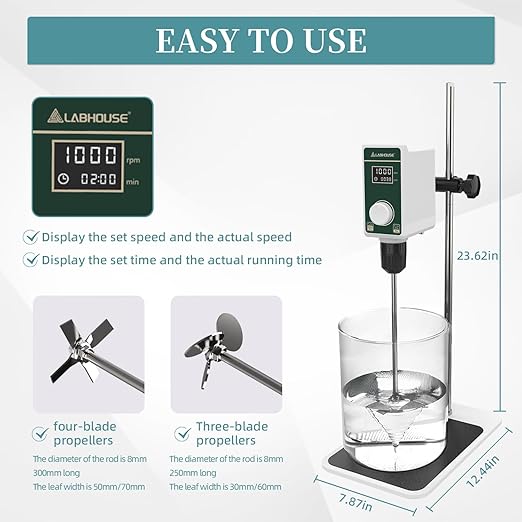 OS-15S Digital Overhead Stirrer 20L(H₂O) Lab Stirrer Flat-Base Stainless Steel Stand & 2 Stirring Paddles | 100-1500RPM,20000 mPas,Timing 1min-24h