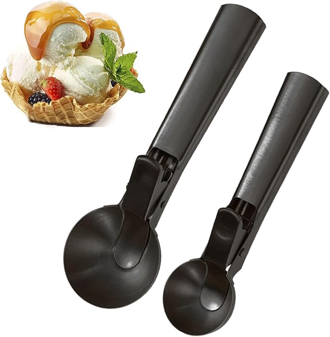 Ice Cream Scoop, 2Pcs Stainless Steel Black Cookie Scoop with Trigger Melon Baller Scooper Cones, Specialty Tools and Gadgets, Ice Cream Spoon Food Scoop for Frozen Yogurt Sundaes Fruit Cookie